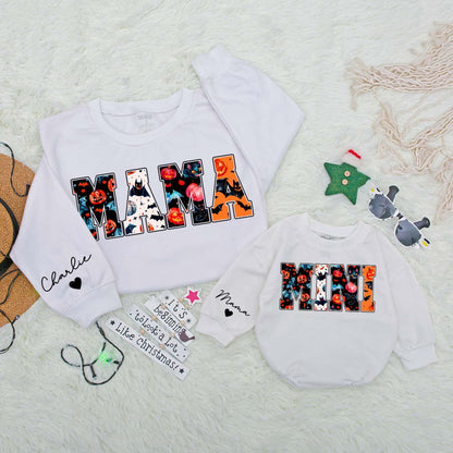 Personalized Mama Mini Halloween Sweatshirts Matching Family Spooky Season Thanksgiving Fall Comfortable Sweater Baby Bodysuit Outfit