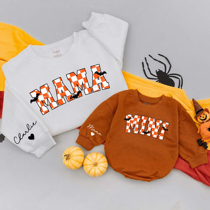 Personalized Mama Mini Sweatshirts Varsity Checkered Halloween Mommy and Me Baby Bodysuit Spooky Fall Outfits