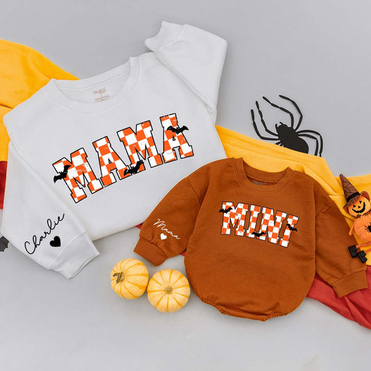 Personalized Mama Mini Sweatshirts Varsity Checkered Halloween Mommy and Me Baby Bodysuit Spooky Fall Outfits