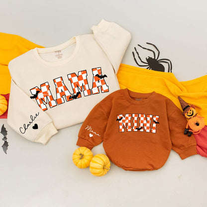 Personalized Mama Mini Sweatshirts Varsity Checkered Halloween Mommy and Me Baby Bodysuit Spooky Fall Outfits
