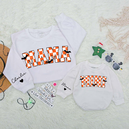 Personalized Mama Mini Sweatshirts Varsity Checkered Halloween Mommy and Me Baby Bodysuit Spooky Fall Outfits