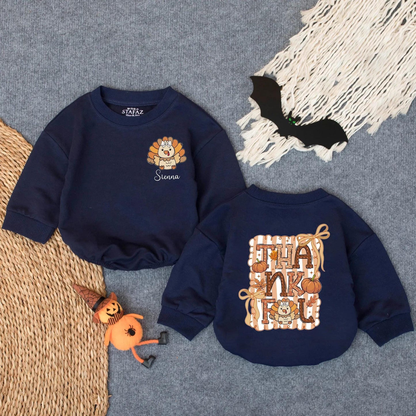 Thankful Fall Turkey Bubble Romper Baby Girl Personalized Thanksgiving Outfit Cute Custom Autumn Bodysuit Infant
