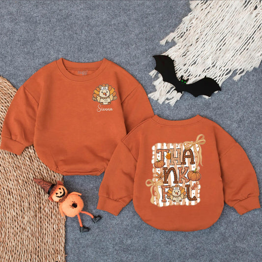 Thankful Fall Turkey Bubble Romper Baby Girl Personalized Thanksgiving Outfit Cute Custom Autumn Bodysuit Infant