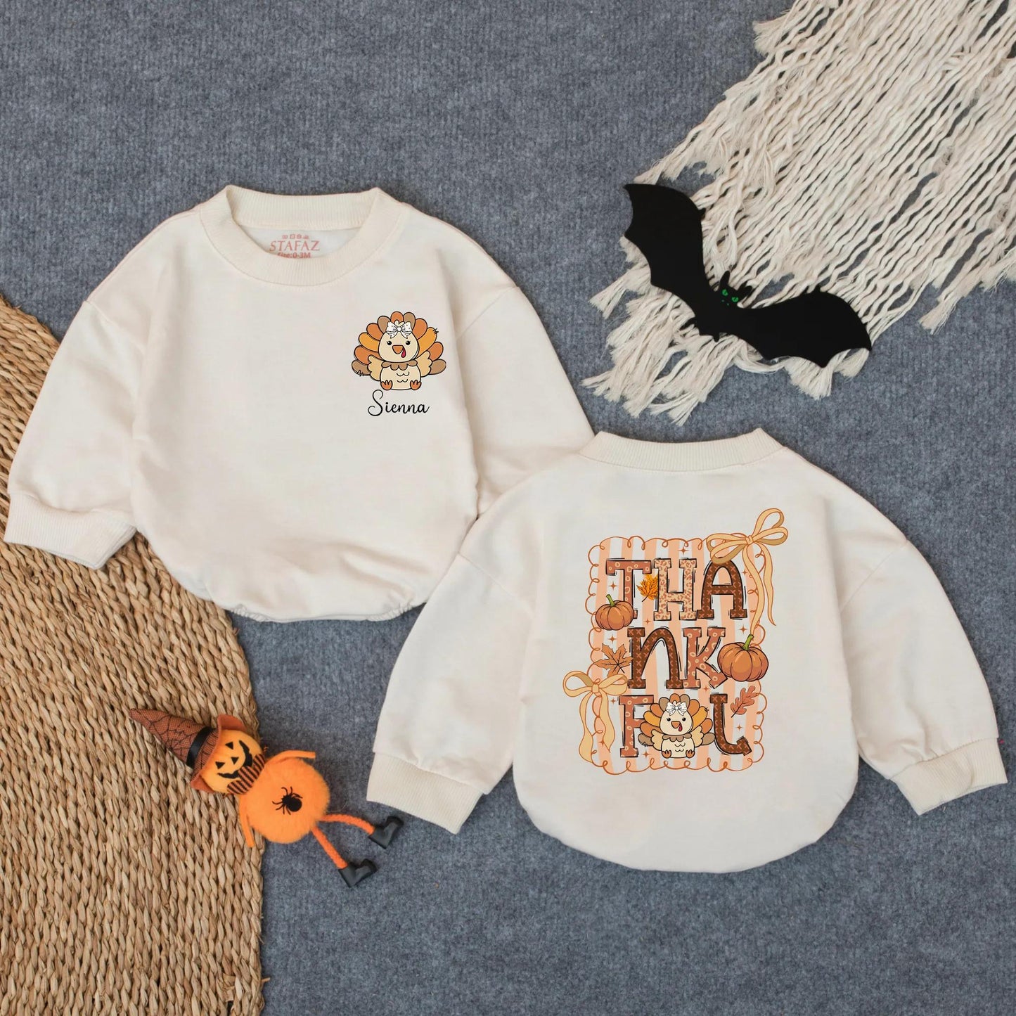 Thankful Fall Turkey Bubble Romper Baby Girl Personalized Thanksgiving Outfit Cute Custom Autumn Bodysuit Infant