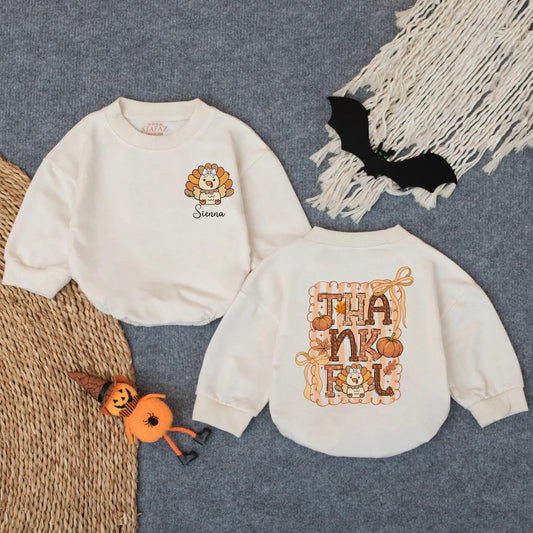 Thankful Fall Turkey Bubble Romper Baby Girl Personalized Thanksgiving Outfit Cute Custom Autumn Bodysuit Infant