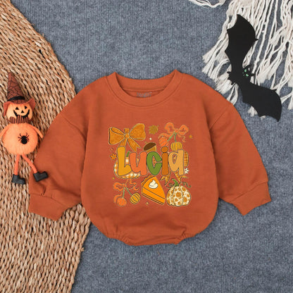 Personalized Pumpkin Glitter Romper Baby Girl's First Thanksgiving Outfit Fall Bubble Suit Custom Name Toddler Holiday Clothes