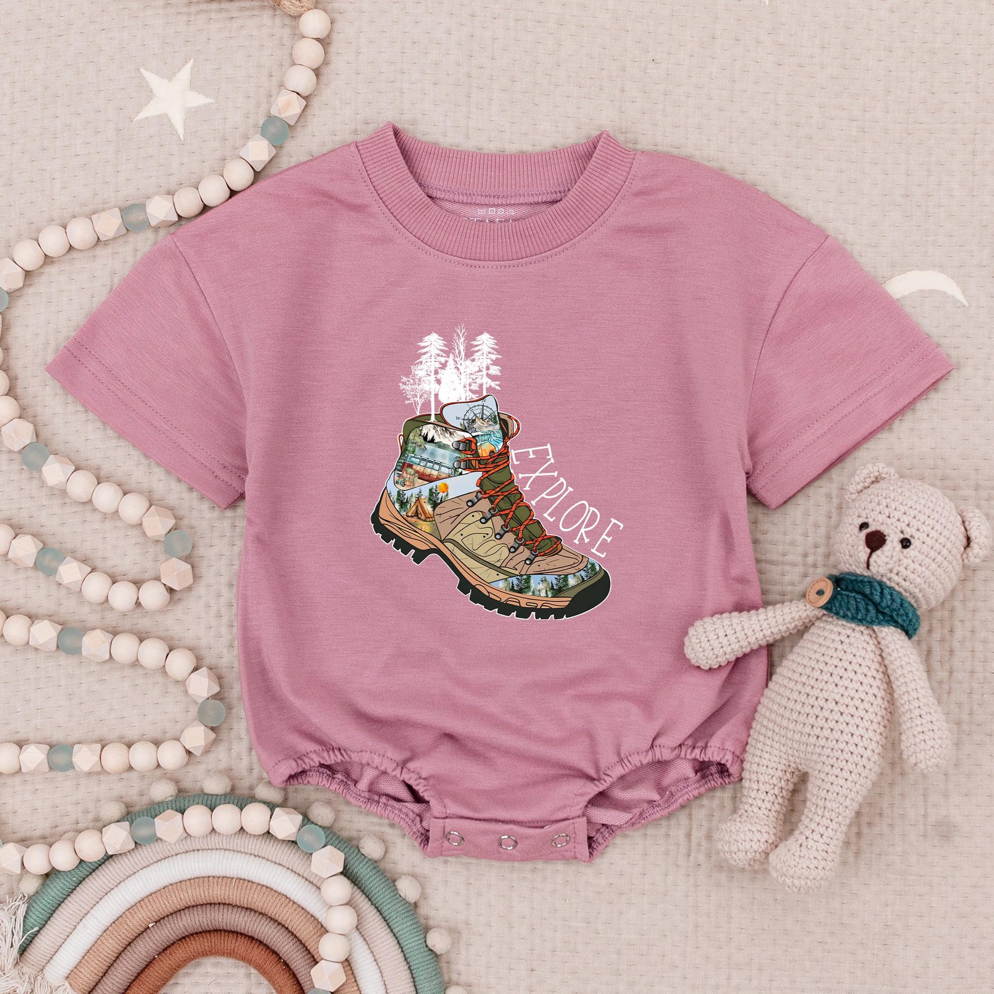 Explore the Outdoors Baby Romper: Hiking Boot Adventure Bodysuit for Little Campers, Cute Earth Tone Mountain Scene Clothes for Hiking Buddies (140 chars)