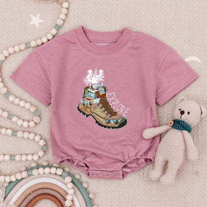Explore the Outdoors Baby Romper: Hiking Boot Adventure Bodysuit for Little Campers, Cute Earth Tone Mountain Scene Clothes for Hiking Buddies (140 chars)