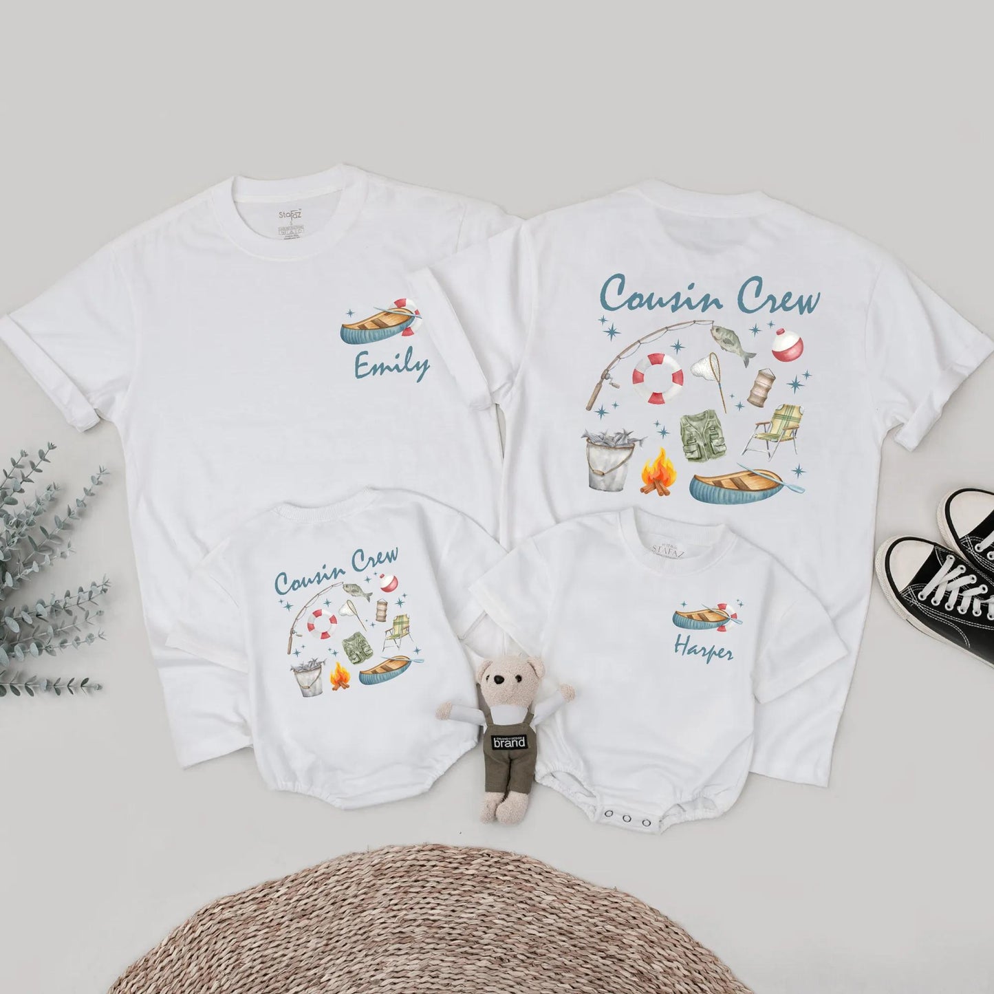 Custom Cousin Crew Matching Shirts for Lake Fishing & Camping Trip with Whimsical Hand-Drawn Watercolor Design, Family Outdoor Adventure Apparel Gift