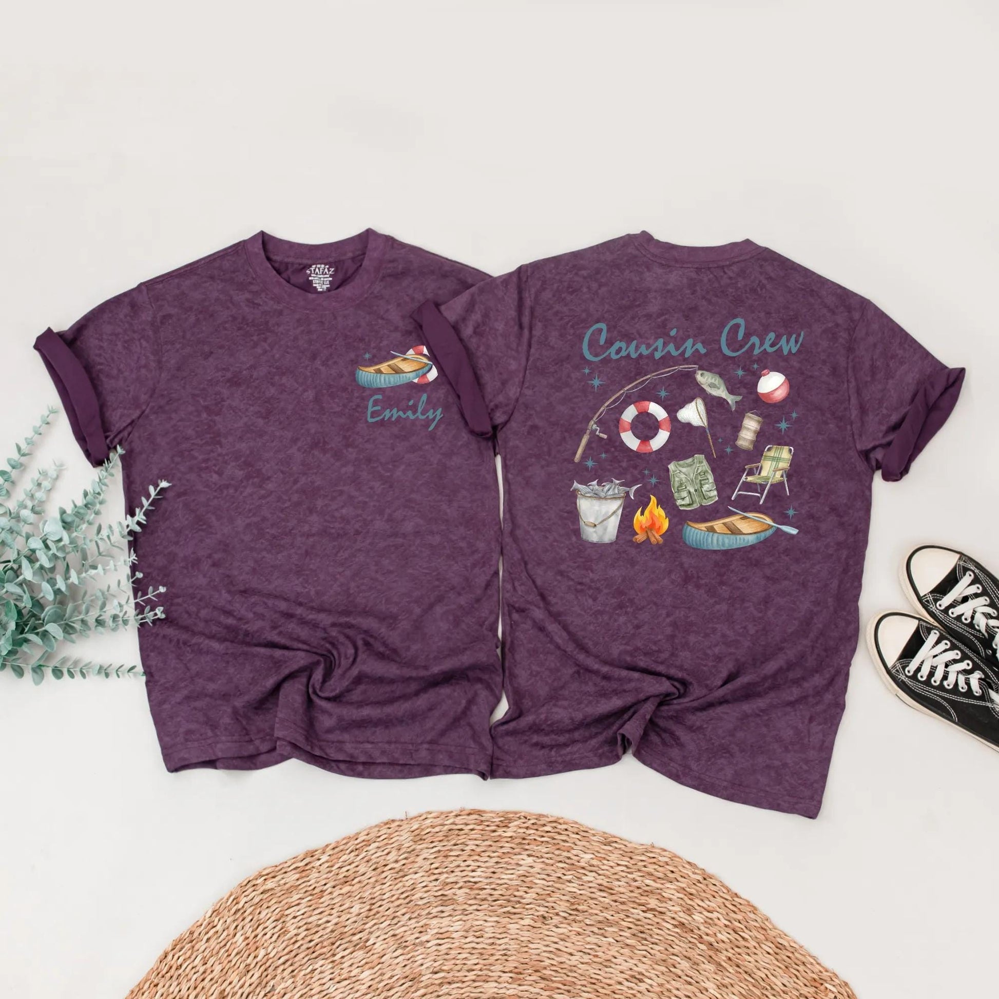 Custom Cousin Crew Matching Shirts for Lake Fishing & Camping Trip with Whimsical Hand-Drawn Watercolor Design, Family Outdoor Adventure Apparel Gift