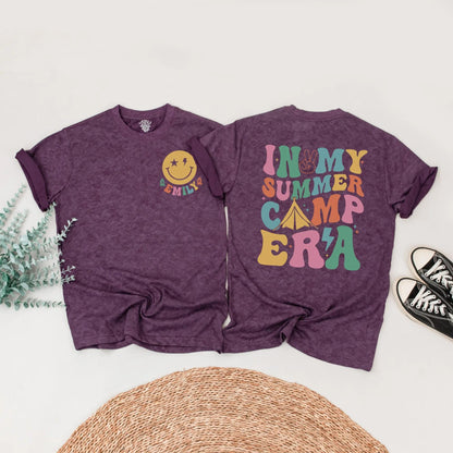 Personalized Summer Camp Era Family Matching Shirts Retro Vacation Outfits Custom Name Tee Lightning Bolt & Tent Design Comfy Group Trip Clothes 