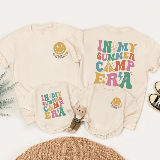 Personalized Summer Camp Era Family Matching Shirts Retro Vacation Outfits Custom Name Tee Lightning Bolt & Tent Design Comfy Group Trip Clothes 