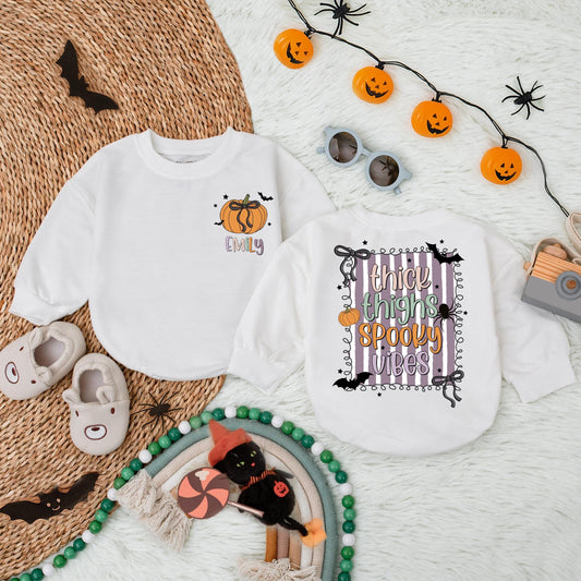 Custom Thick Thighs Spooky Vibes Baby Bubble Romper Infant Fall Clothes Halloween Gift for Baby Girl Toddler Outfit