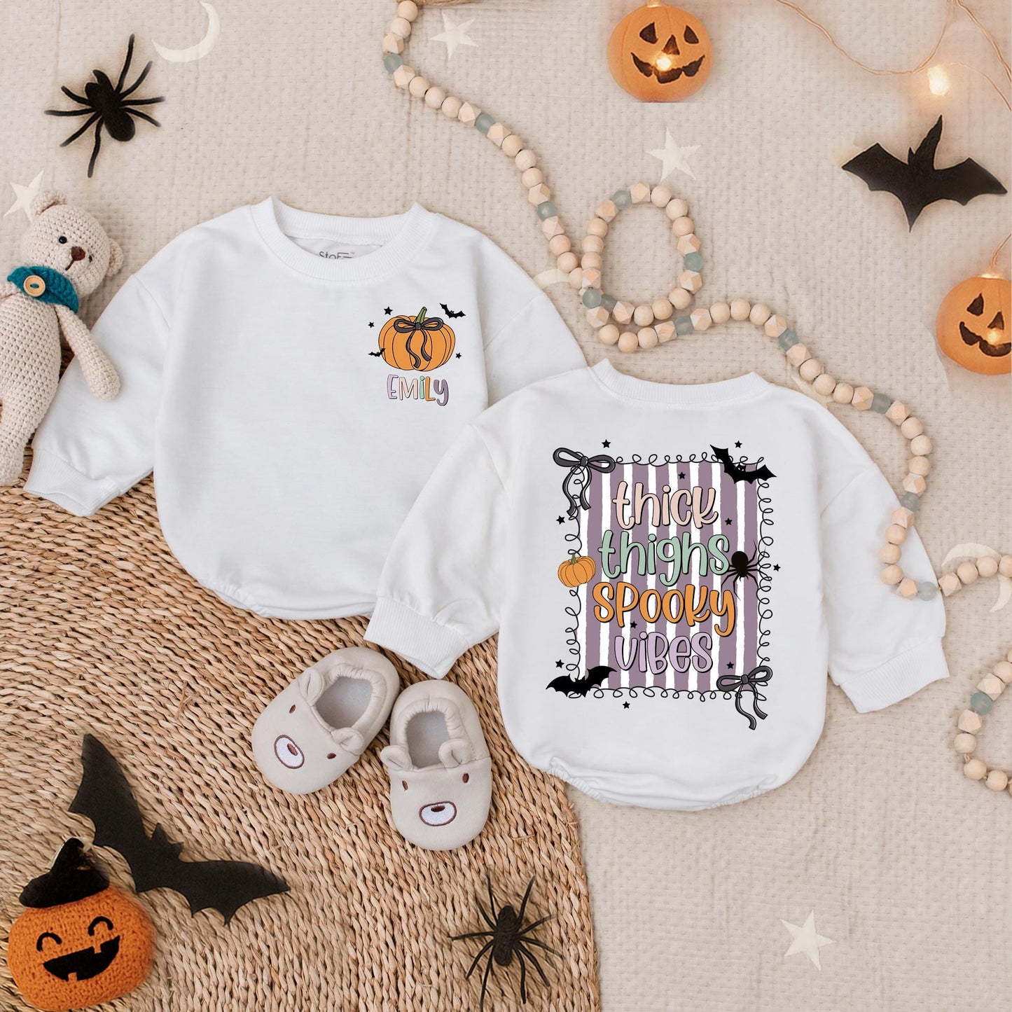 Spooky Vibes Halloween Bubble Romper for Baby Girl, First Halloween Outfit, Custom Name Infant Fall Bodysuit, Spooky Cute Toddler Romper