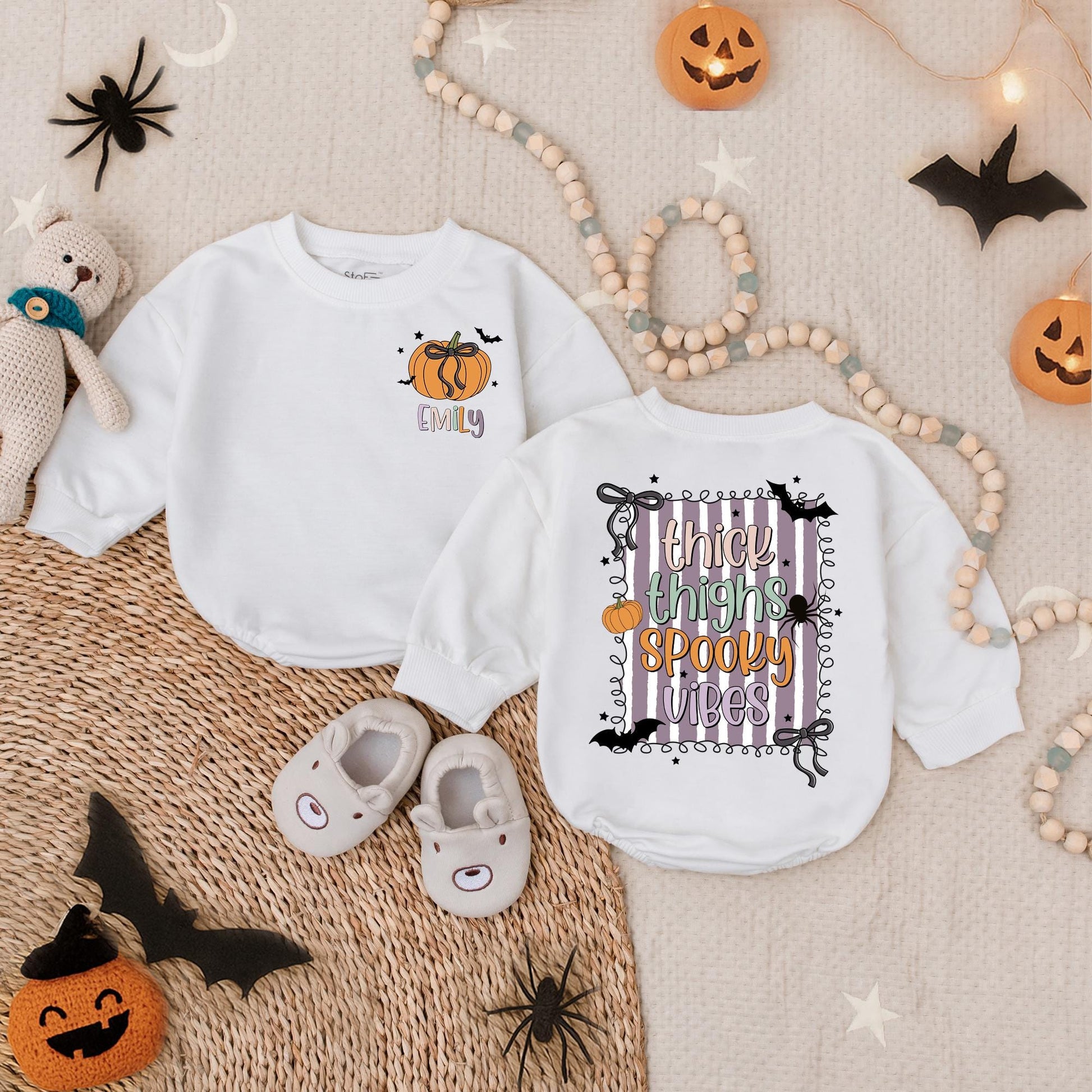 Spooky Vibes Halloween Bubble Romper for Baby Girl, First Halloween Outfit, Custom Name Infant Fall Bodysuit, Spooky Cute Toddler Romper