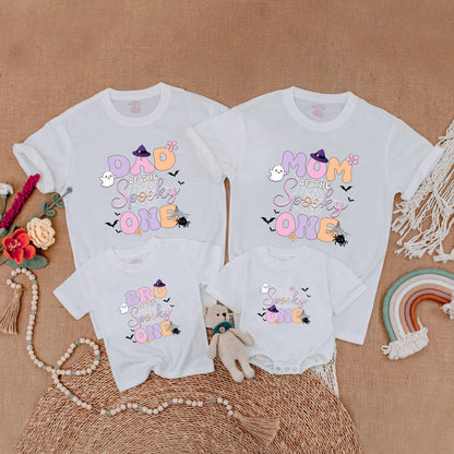 Cute Pastel Halloween Spooky One Matching Family Shirts Mom Dad Brother Ghost Bat Floral Design Festive Birthday Outfit