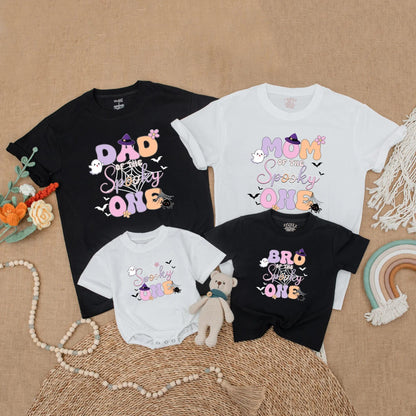 Cute Pastel Halloween Spooky One Matching Family Shirts Mom Dad Brother Ghost Bat Floral Design Festive Birthday Outfit