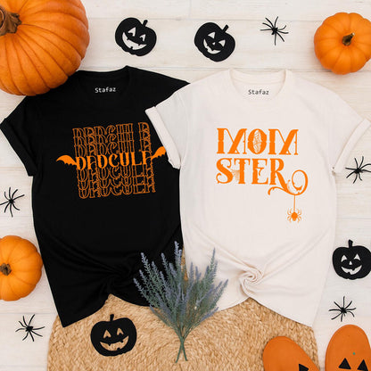 Funny Momster Dadcula Halloween Couple Shirts for Expecting Parents His and Hers Matching Spooky Party Tees Gender Reveal Pregnancy Outfit