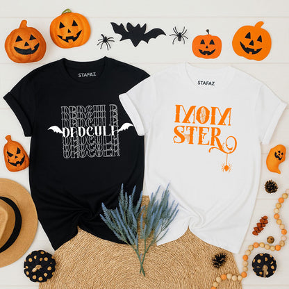 Funny Momster Dadcula Halloween Couple Shirts for Expecting Parents His and Hers Matching Spooky Party Tees Gender Reveal Pregnancy Outfit