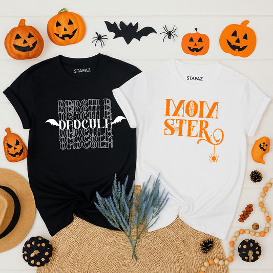 Funny Momster Dadcula Halloween Couple Shirts for Expecting Parents His and Hers Matching Spooky Party Tees Gender Reveal Pregnancy Outfit