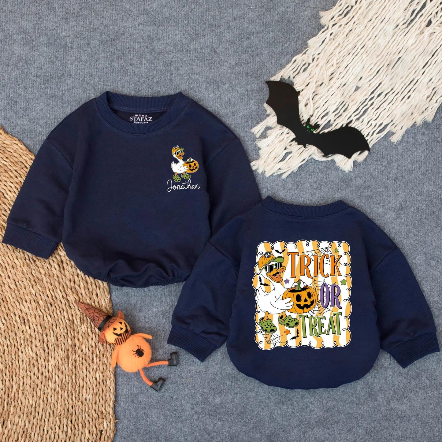 Custom Halloween Goose Trick or Treat Boy Bubble Romper Spooky Fall Baby Outfit First Halloween Gift Toddler Costume
