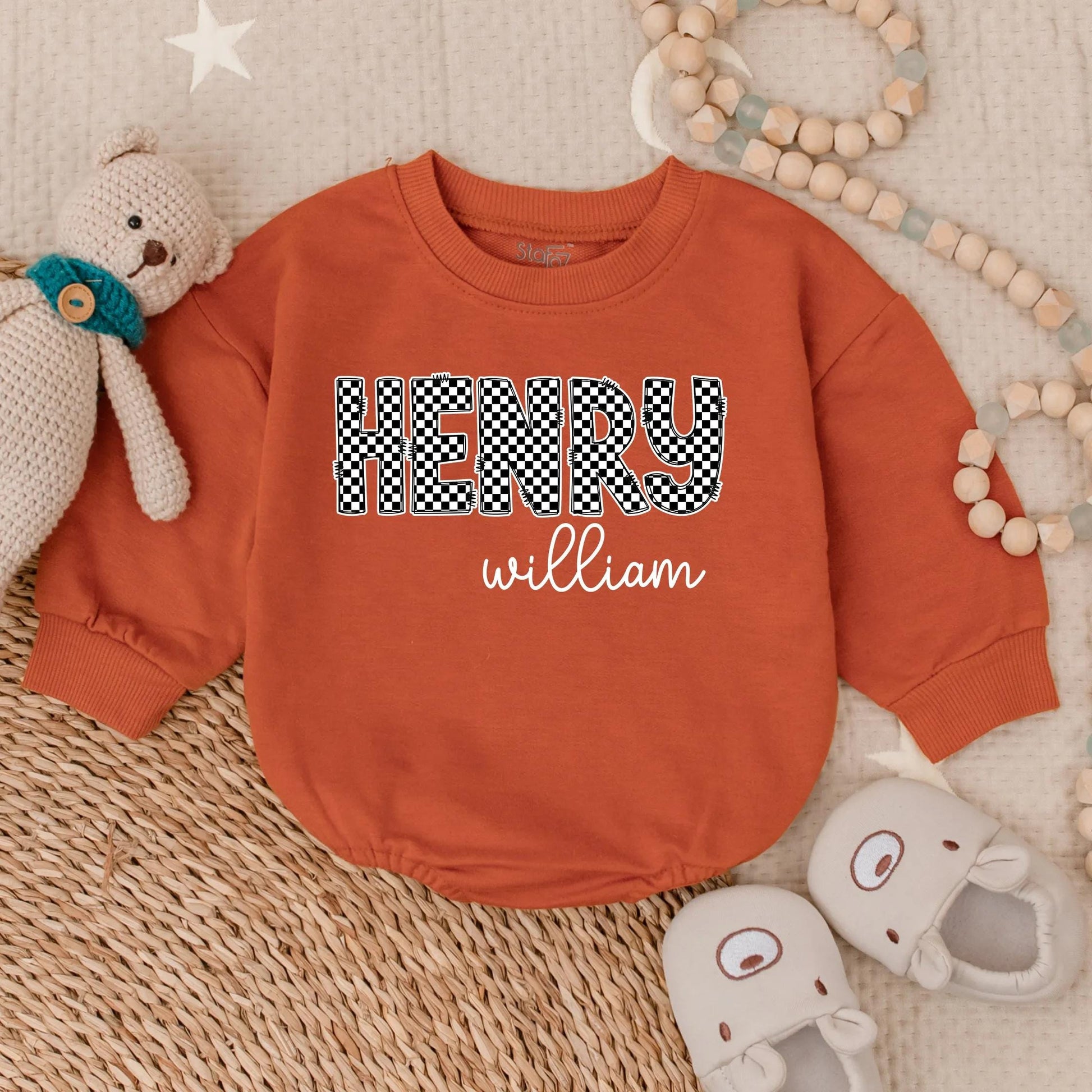 Oversized Checkered Bubble Romper Personalized with First and Middle Name Unique Baby Girl Custom Infant Jumpsuit Toddler Gift