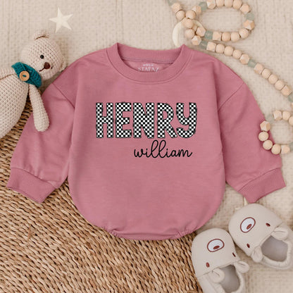 Oversized Checkered Bubble Romper Personalized with First and Middle Name Unique Baby Girl Custom Infant Jumpsuit Toddler Gift