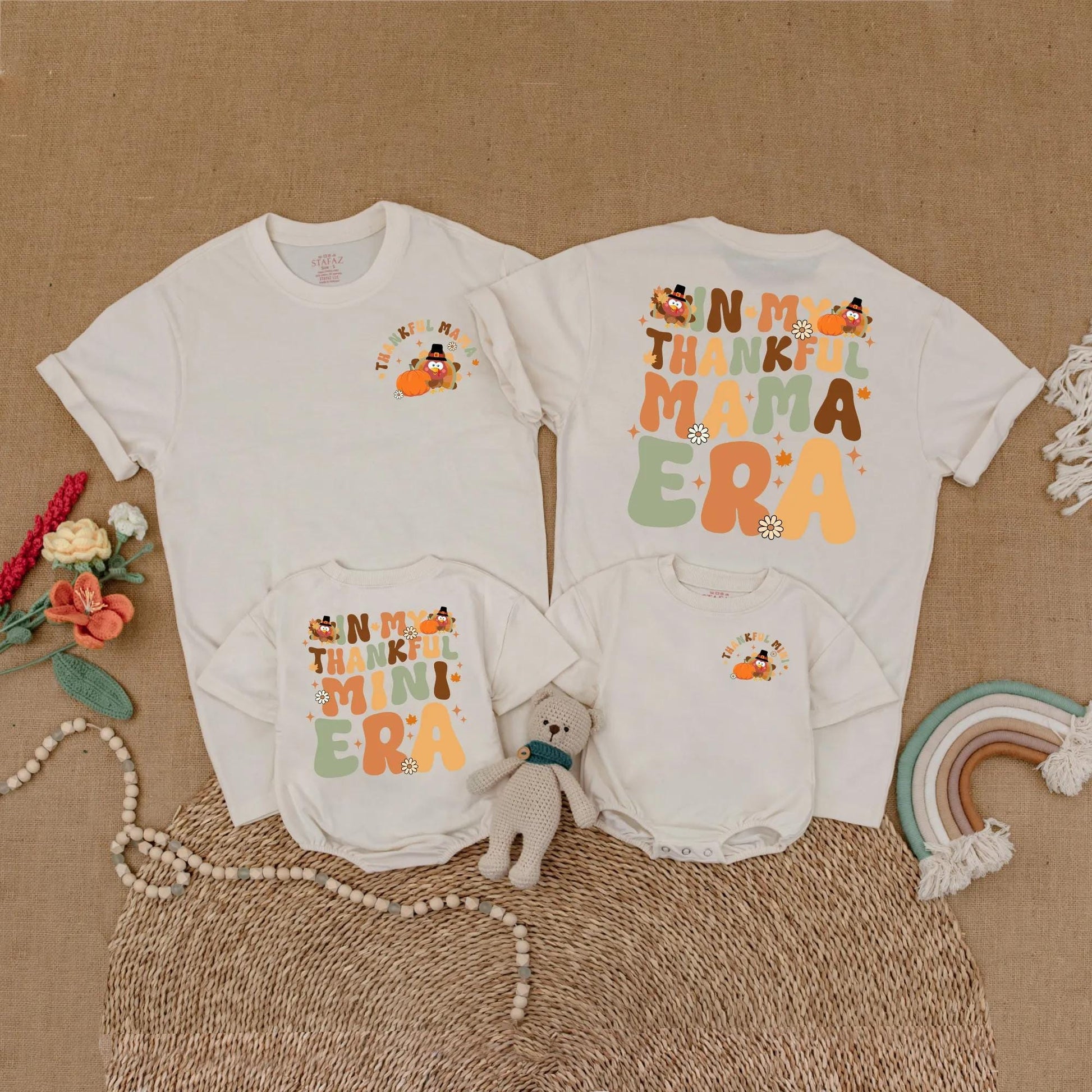 Thankful Mama and Mini Matching Shirts Thanksgiving Outfits Retro Turkey Design Family Gift Fall Baby Toddler Shirts Mommy and Me