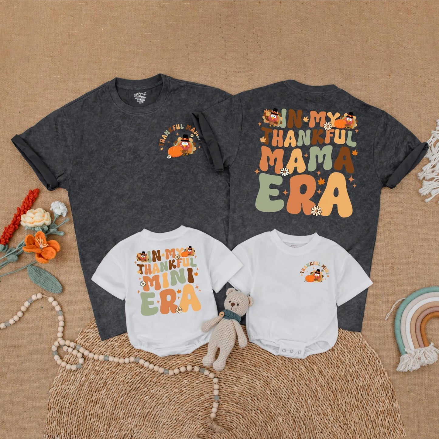 Thankful Mama and Mini Matching Shirts Thanksgiving Outfits Retro Turkey Design Family Gift Fall Baby Toddler Shirts Mommy and Me