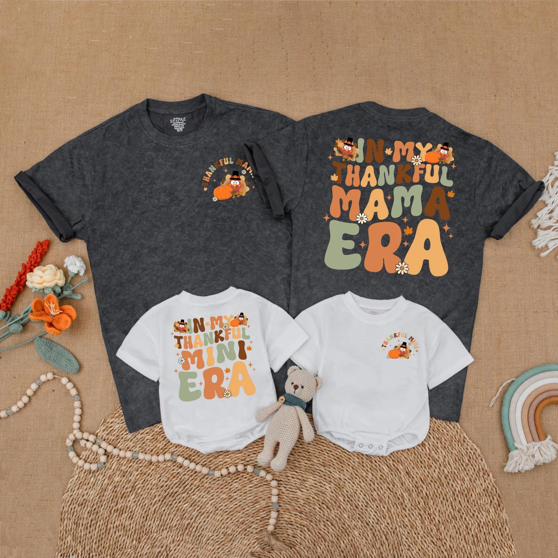 Thankful Mama and Mini Matching Shirts Thanksgiving Outfits Retro Turkey Design Family Gift Fall Baby Toddler Shirts Mommy and Me