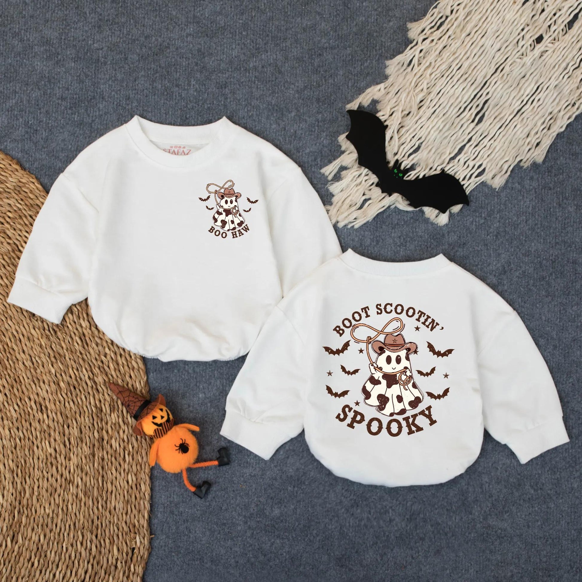 Boot Scootin' Spooky Cowboy Ghost Romper, Boo Haw Halloween Western Outfit, Baby Toddler Fall Rodeo Costume Sweatshirt, Cute Infant Boy Clothes 139