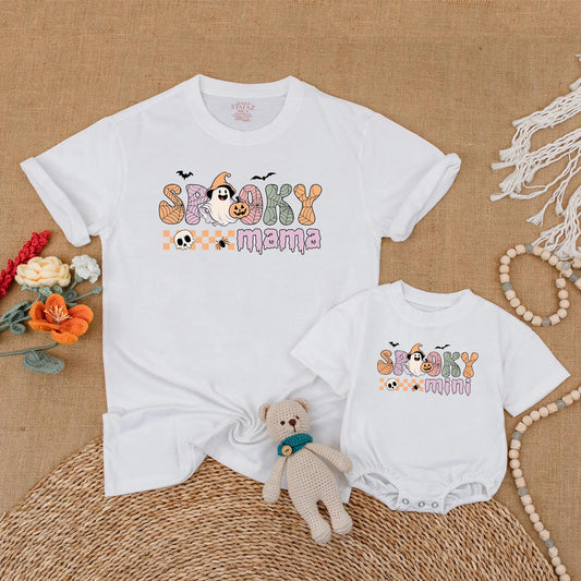 Spooky Mama and Mini Matching Halloween Shirts Cute Pumpkin Baby Romper Spooky Season Mommy and Me Outfit Gift