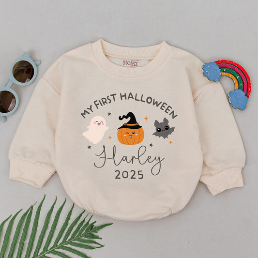 My First Halloween Personalized Romper Custom Name Baby Bodysuit Festive Fall Outfit Shower Gift