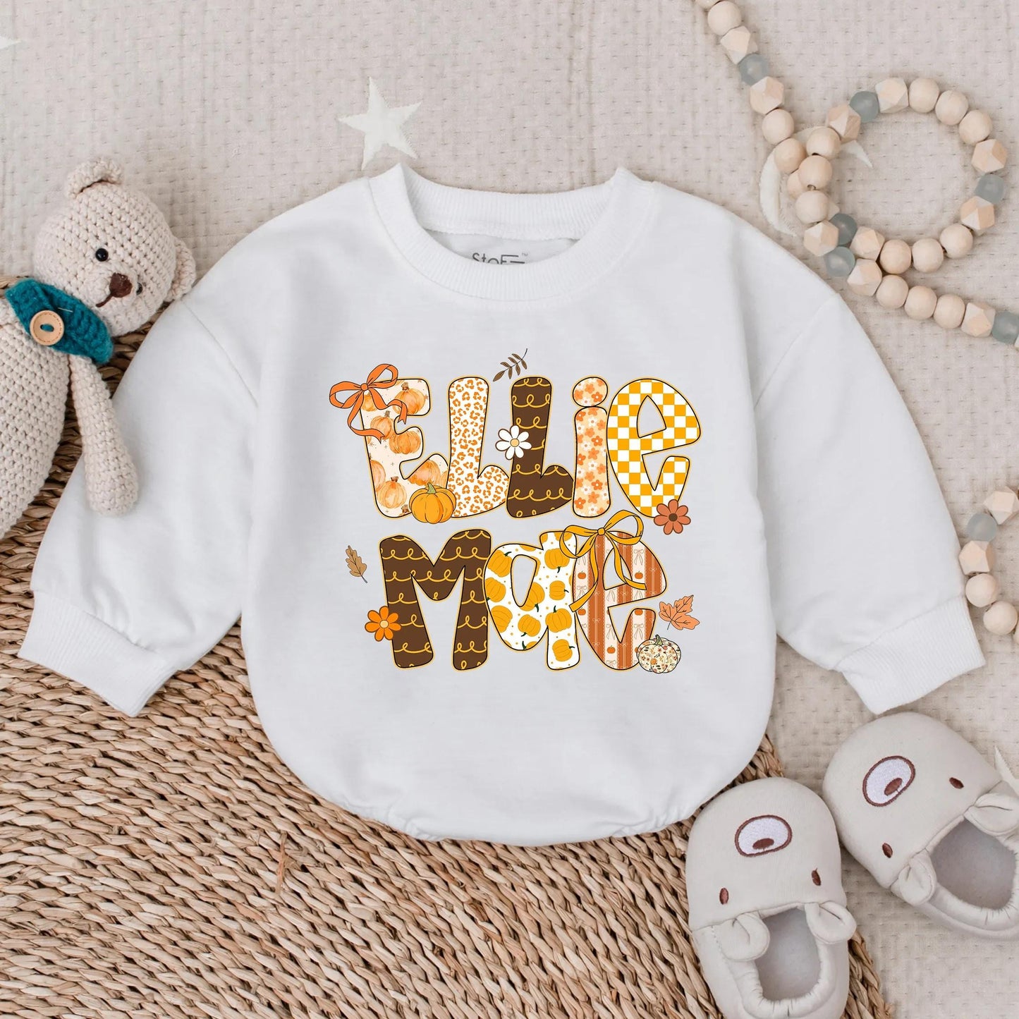 Ellie Mae Custom Name Bubble Romper Preppy Fall Vintage Style Girl Autumn Baby Clothes Personalized First Thanksgiving Outfit Toddler Gift
