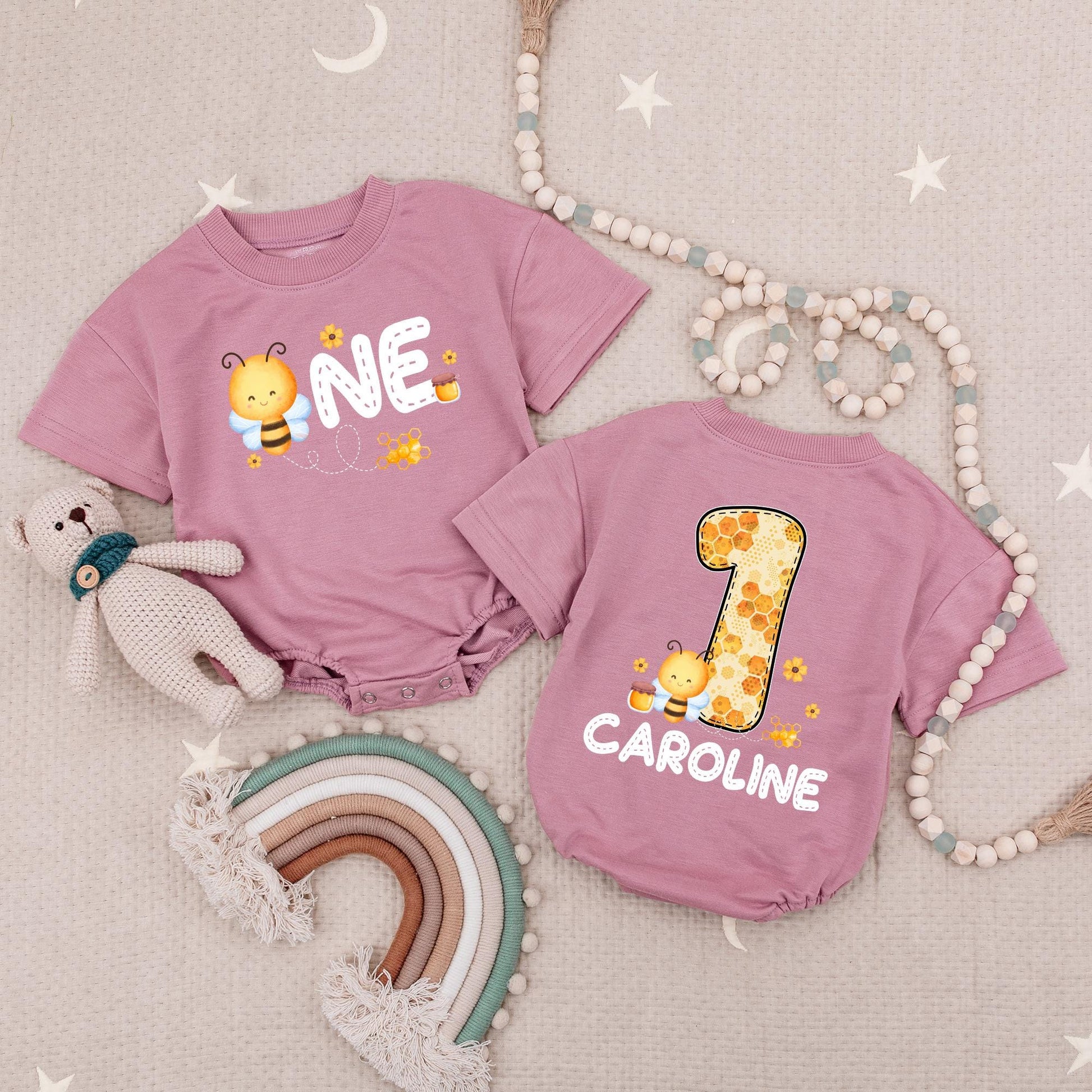 Personalized Bee Happy Birthday Romper, First Birthday Outfit Baby Girl, Custom Name Bee 1st Birthday Bodysuit, Bee Lover Outfit Cute Party Clothes