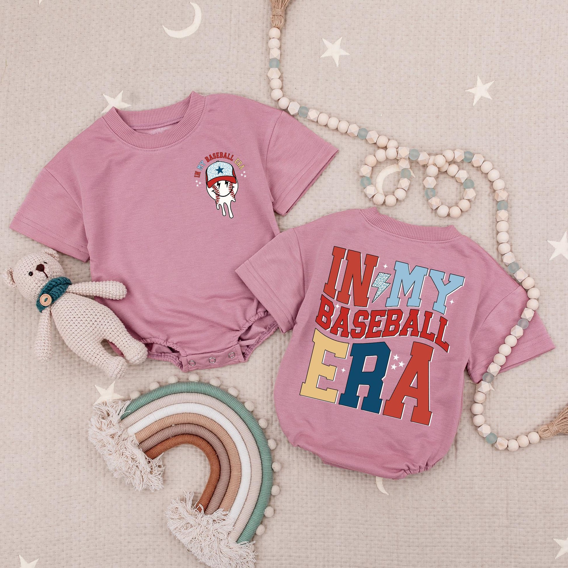 In My Baseball Era Baby Romper: Retro Game Day Outfit with Melting Baseball Graphic, Stars, Red, Yellow & Blue Design, Infant Baseball Season Babysuit 139