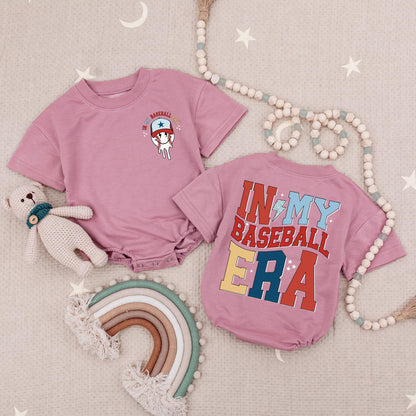 In My Baseball Era Baby Romper: Retro Game Day Outfit with Melting Baseball Graphic, Stars, Red, Yellow & Blue Design, Infant Baseball Season Babysuit 139