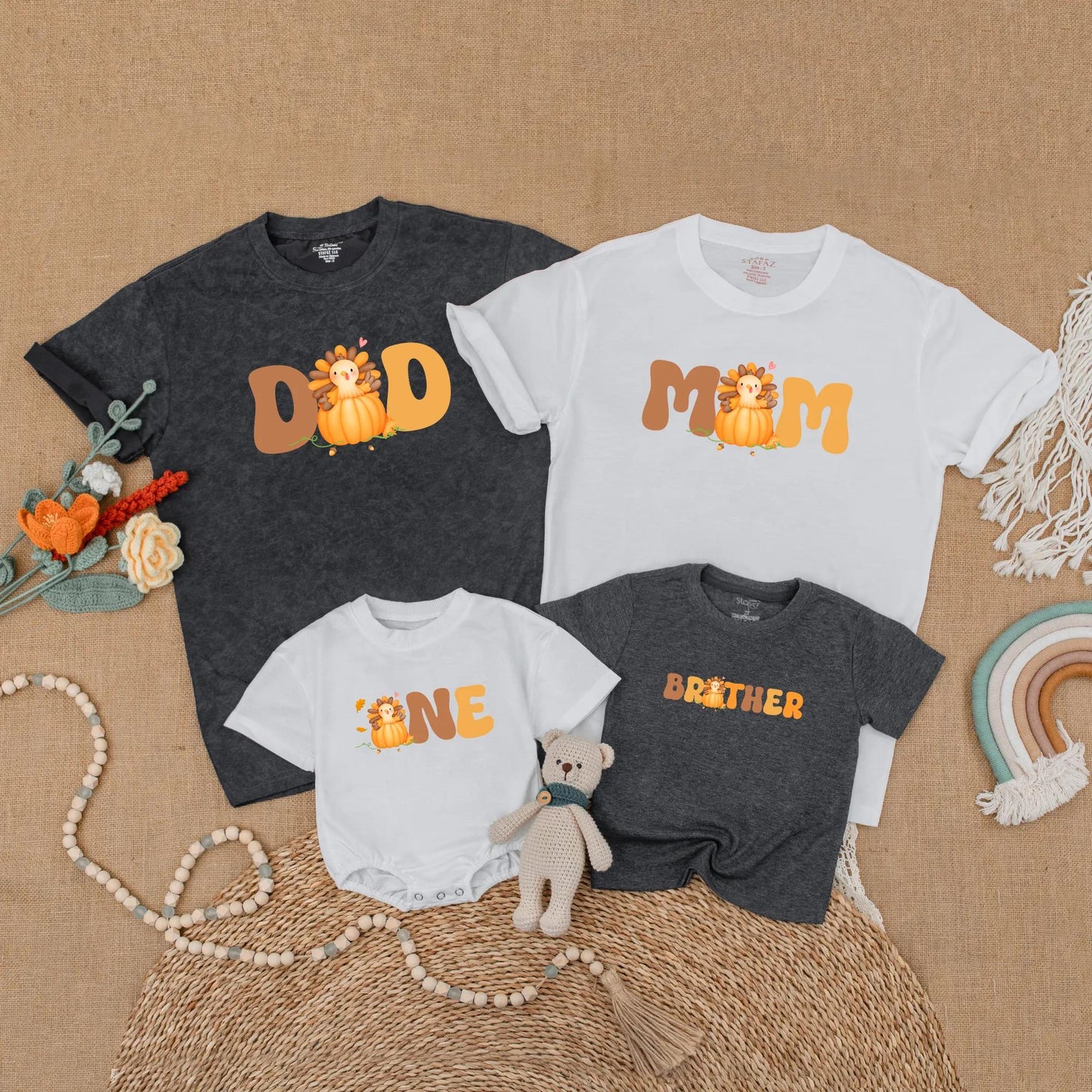 One Little Turkey First Birthday Shirt for Baby Boy or Girl with Matching Family Mom Dad Thanksgiving Outfits