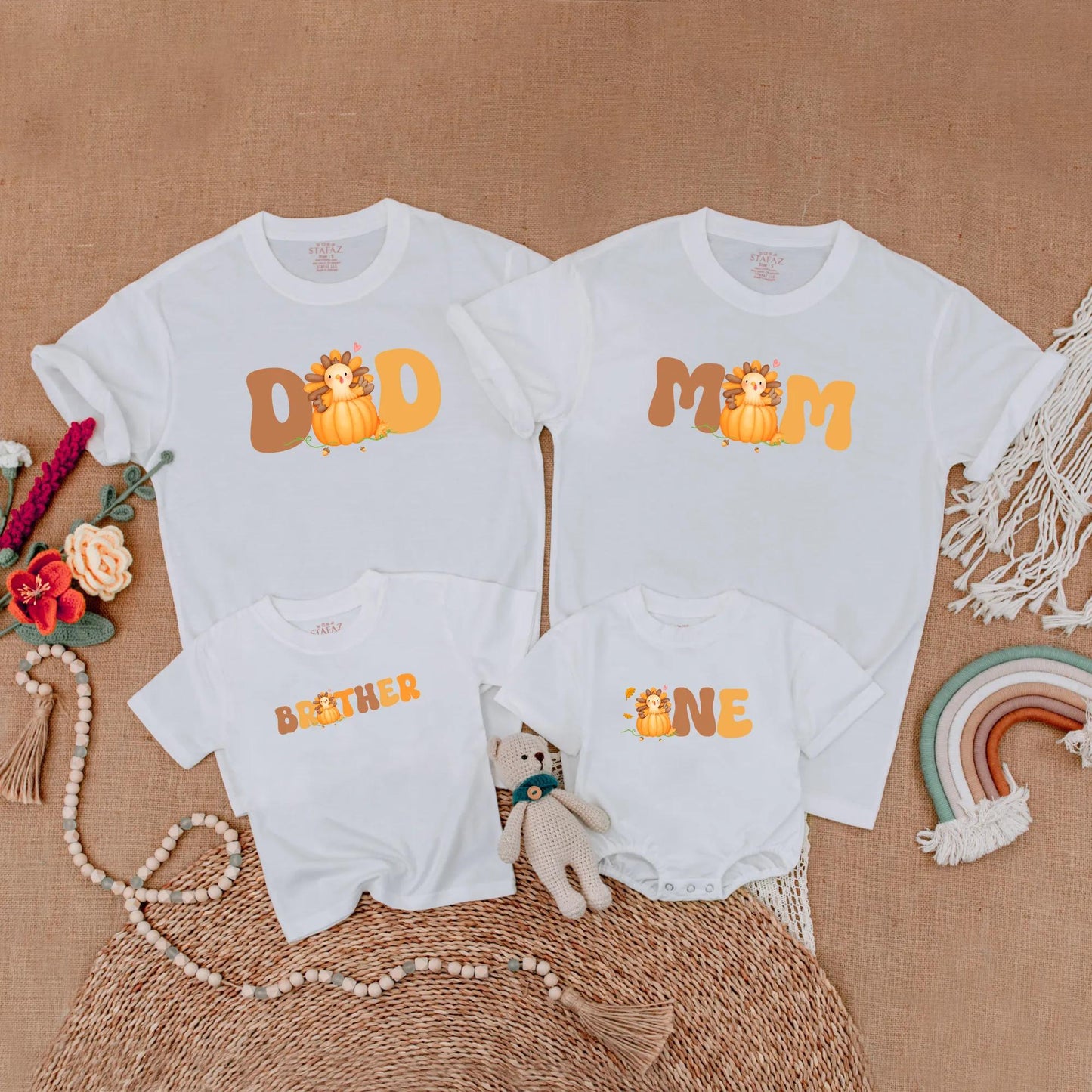 One Little Turkey First Birthday Shirt for Baby Boy or Girl with Matching Family Mom Dad Thanksgiving Outfits