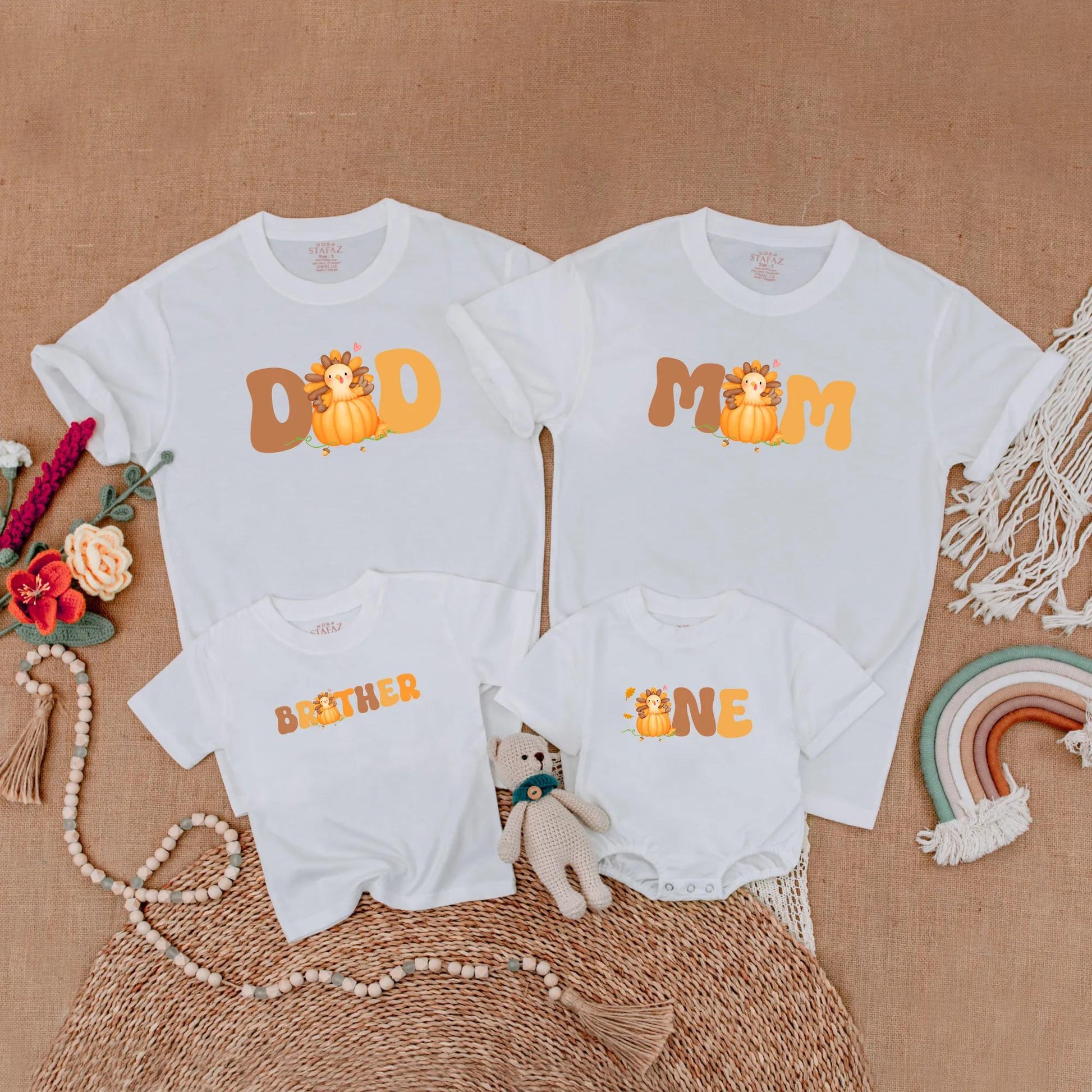 One Little Turkey First Birthday Shirt for Baby Boy or Girl with Matching Family Mom Dad Thanksgiving Outfits