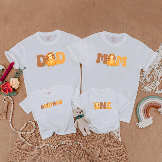 One Little Turkey First Birthday Shirt for Baby Boy or Girl with Matching Family Mom Dad Thanksgiving Outfits