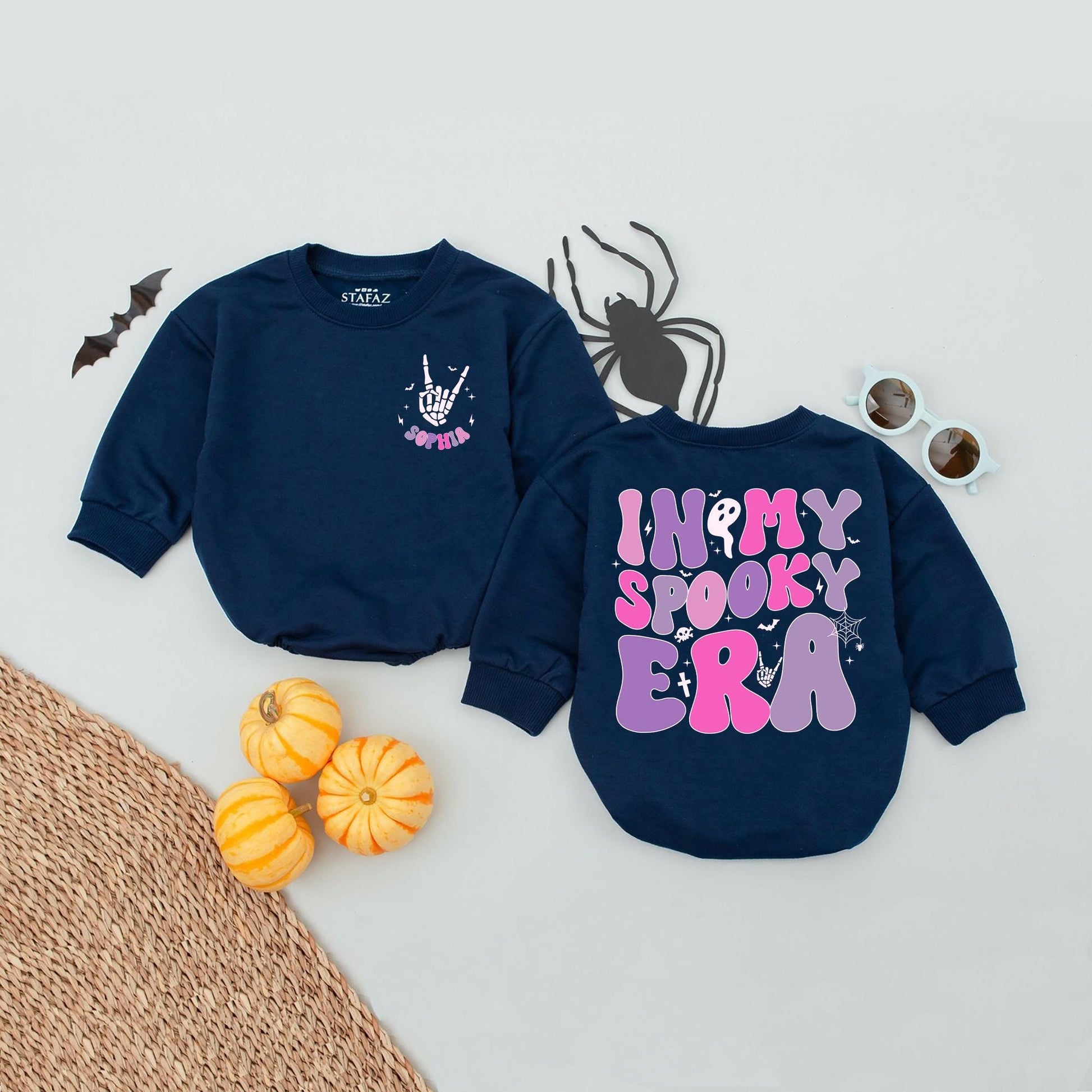 Sophia "In My Spooky Era" Personalized Halloween Romper Baby Ghost Skull Bat Cute Skeleton Peace Sign Custom Name Fall Outfit