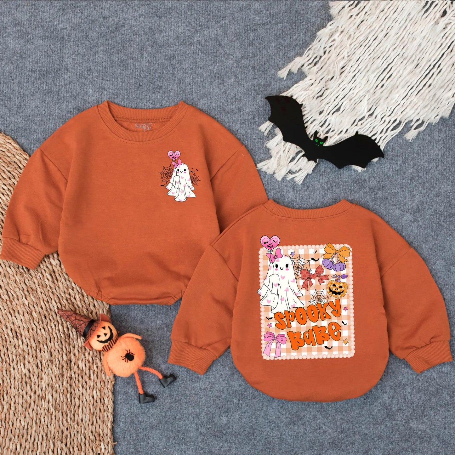 Halloween Ghost Bubble Romper Spooky Babe Baby Girl Outfit Boho Pumpkin Bow Floral Newborn Bodysuit Retro Spooky Season Clothes for Girls