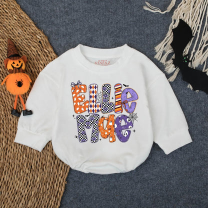 Ellie Mae Halloween Romper Baby Girl Outfit Ghost Pumpkins Bats Spiderwebs Spooky Season Retro Newborn Bodysuit