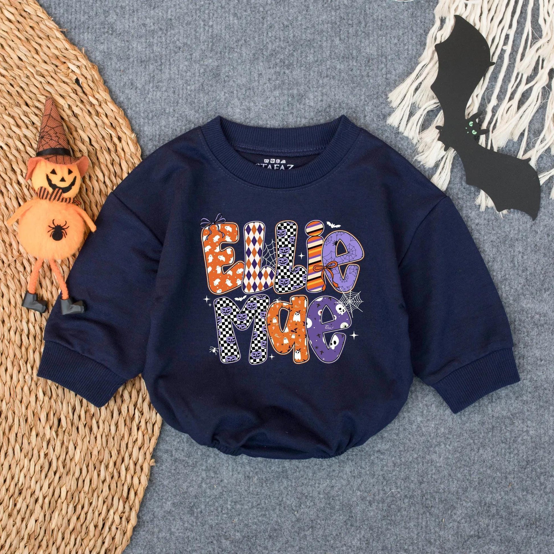 Ellie Mae Halloween Romper Baby Girl Outfit Ghost Pumpkins Bats Spiderwebs Spooky Season Retro Newborn Bodysuit