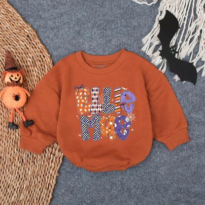 Ellie Mae Halloween Romper Baby Girl Outfit Ghost Pumpkins Bats Spiderwebs Spooky Season Retro Newborn Bodysuit