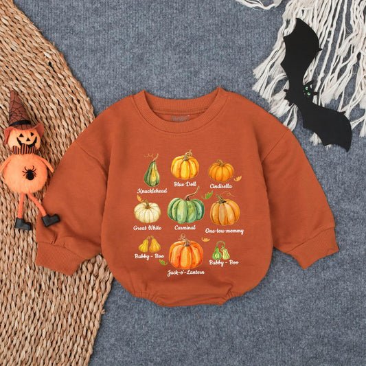Fall Pumpkin Patch Bubble Romper Baby Outfit, Cozy Autumn Newborn Clothes, Types of Pumpkins Design, Oversized Bodysuit Gift (140 chars)