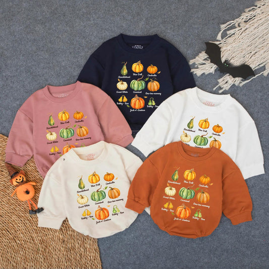 Fall Pumpkin Patch Bubble Romper Baby Outfit, Cozy Autumn Newborn Clothes, Types of Pumpkins Design, Oversized Bodysuit Gift (140 chars)
