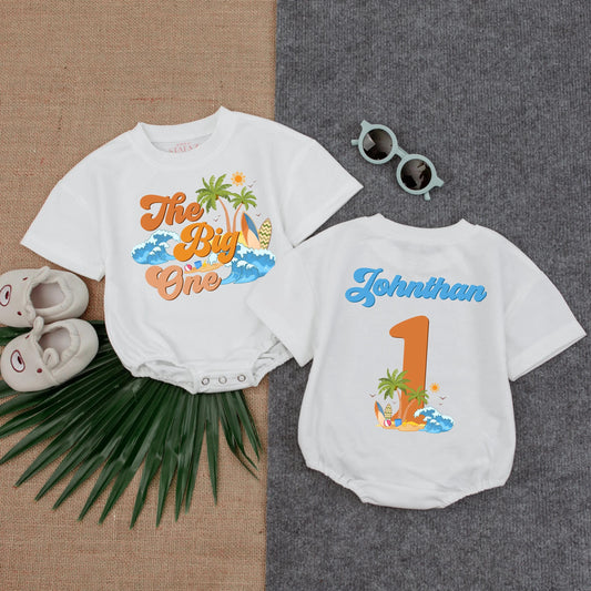 The Big One Surfing Bubble Romper First Birthday Outfit for Baby Boy, Beach Theme Toddler Clothes, Summer Gift