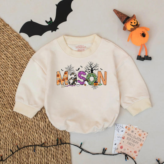 Mason's Spooky Halloween Romper: Personalized Baby Bodysuit with Bats, Ghosts & Pumpkins, Custom Name Outfit, Fun Newborn Gift, Playful Spooky Season (137 chars)